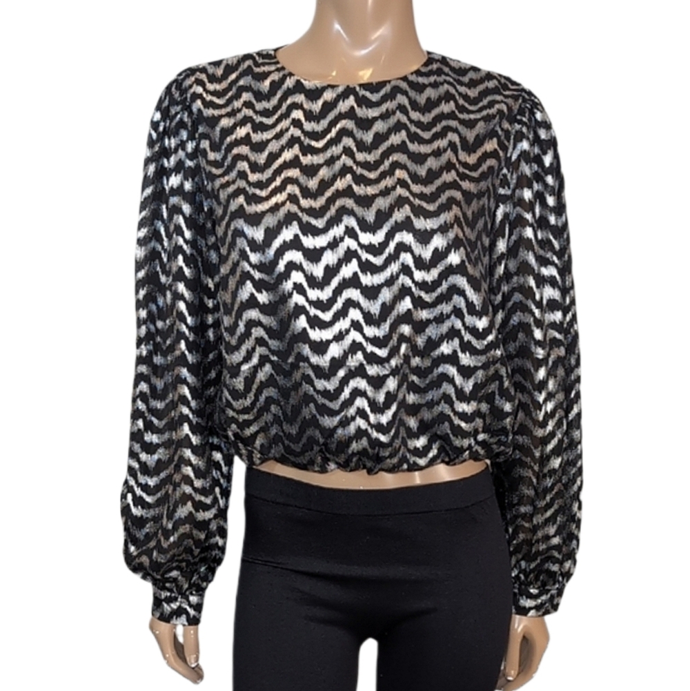 NEW INA [i:na] Metallic Balloon Sleeve Blouse Silver Zig Zag Cropped Party Top